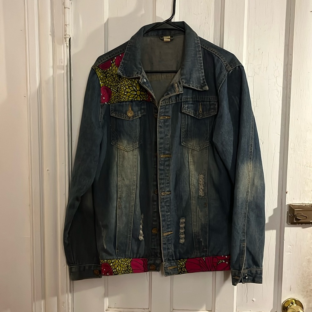 Upcycled denim jacket with Kitenge accents